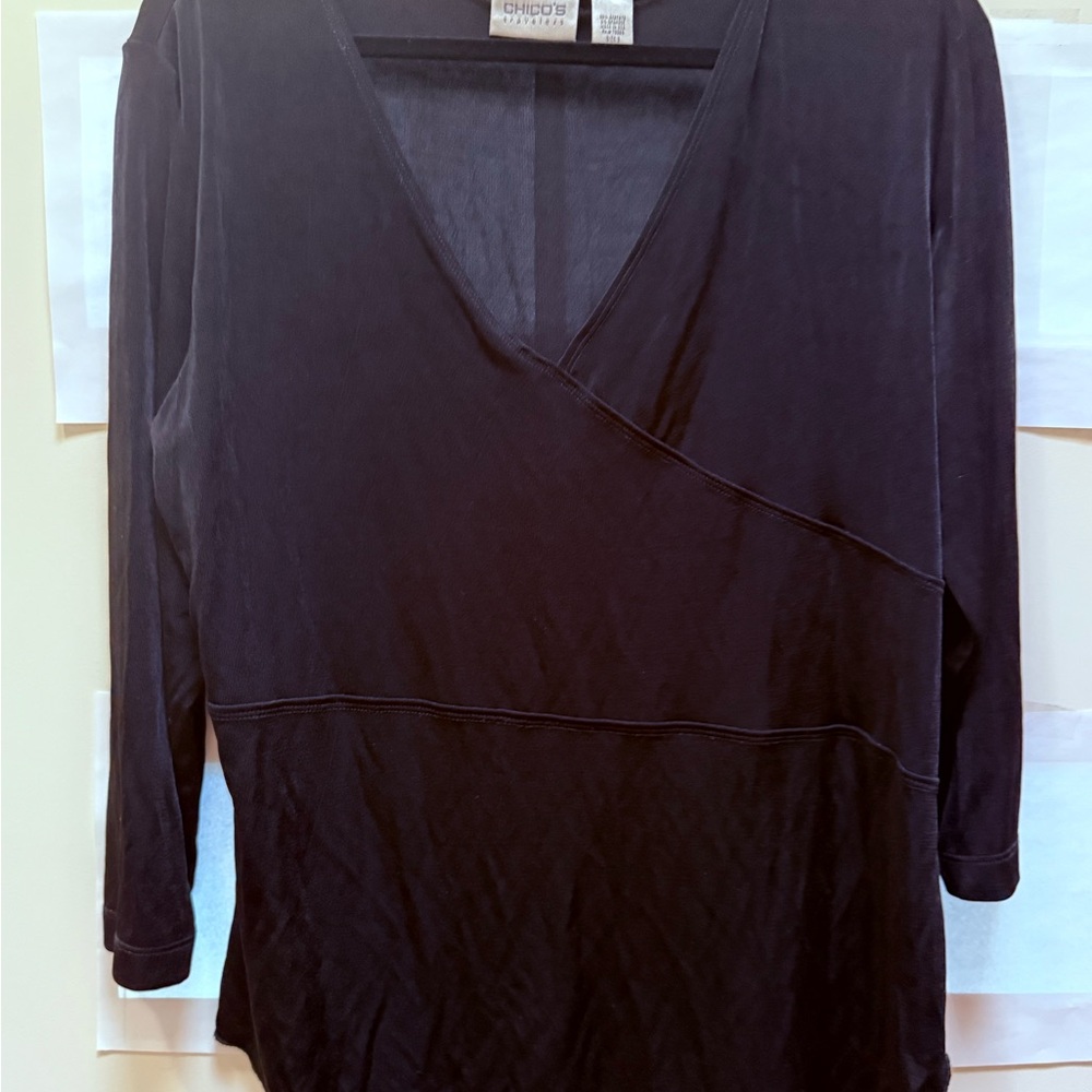 Chico's Travelers Black Cross-over Asymmetrical Blouse with 3/4 sleeves